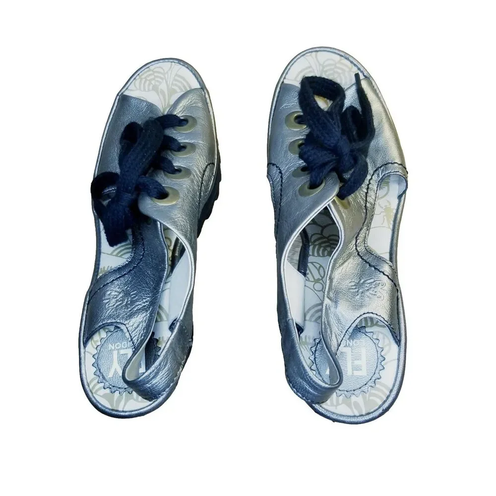 Fly London Ylva Wedge Women's Size 38 Metallic Lace Up Open Toe Platform